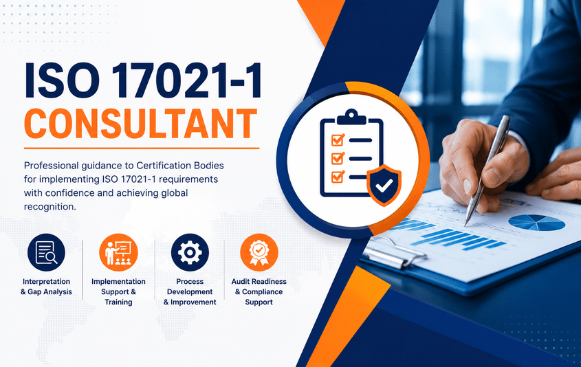 ISO 17021-1 Consultant infographic showing professional guidance for certification bodies and a hand writing on documents with charts and a checklist icon core message: consultant services.