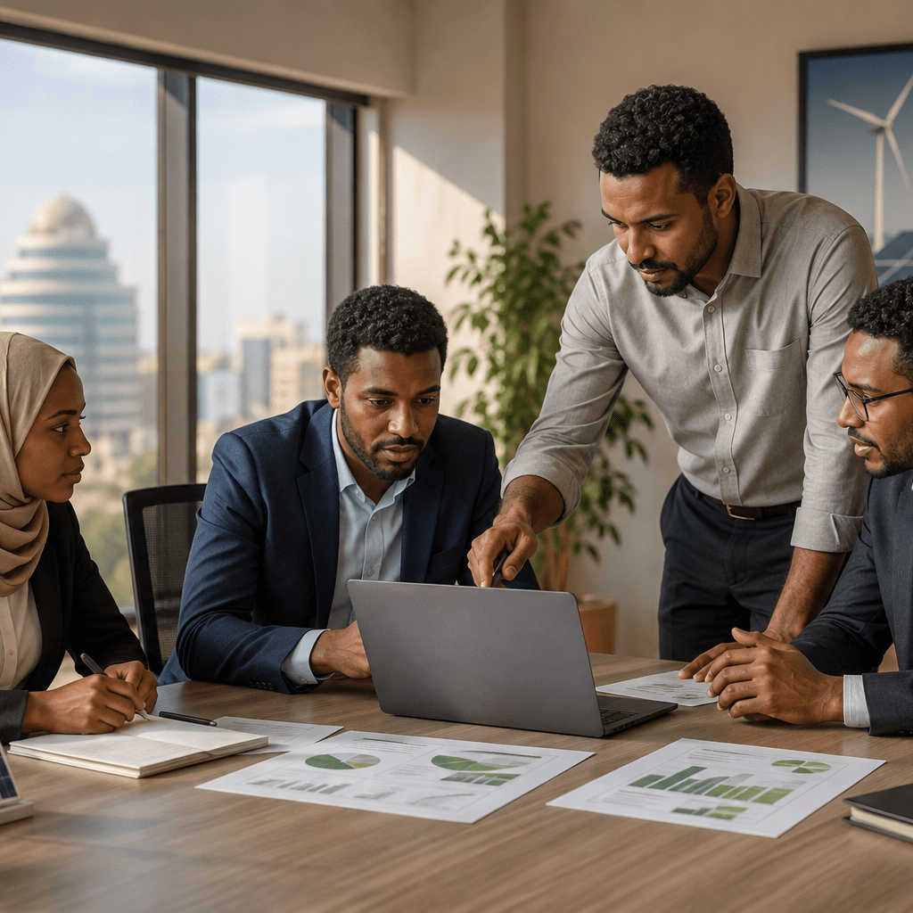 Four colleagues discuss data around a laptop in a bright, modern office with renewable energy visuals in the background. Consultants Consultants