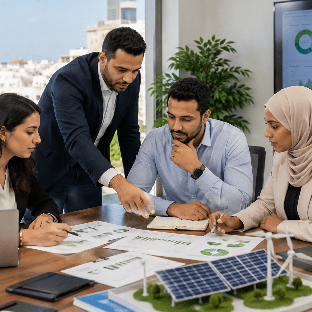 Four professionals around a conference table review charts and a solar panel model, with city view through large windows behind them. Consultants Consultants
