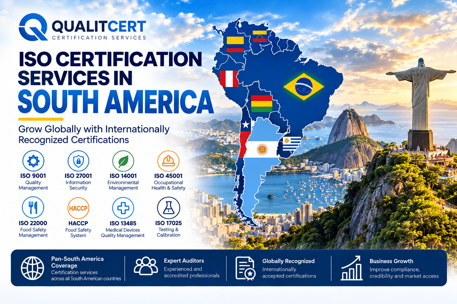 ISO certification services in South America by Qualitcert Consultants Consultants